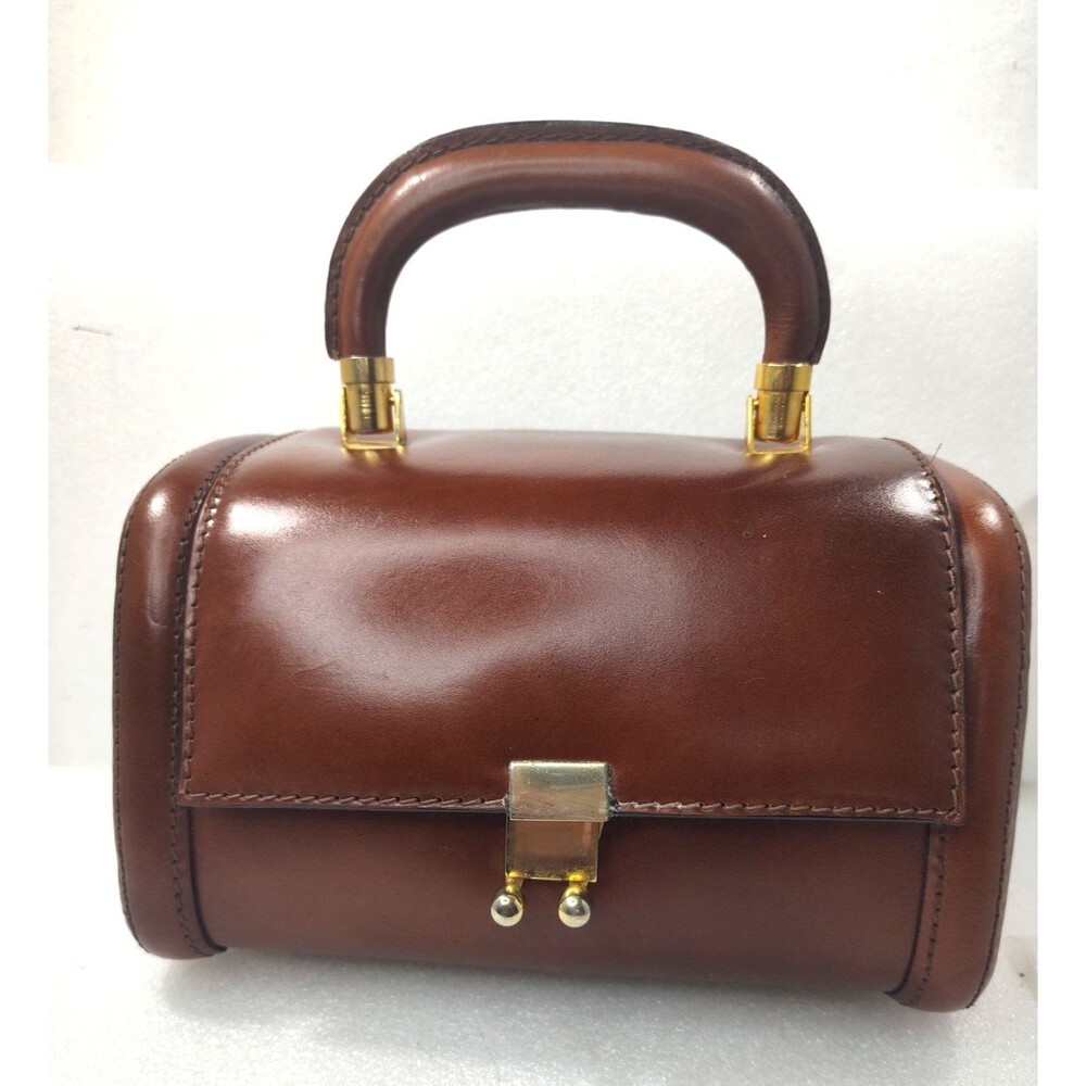 Vtg 1950s Tano Of Madrid Top Handle Brown Leather Hard Shell Handbag Made Spain